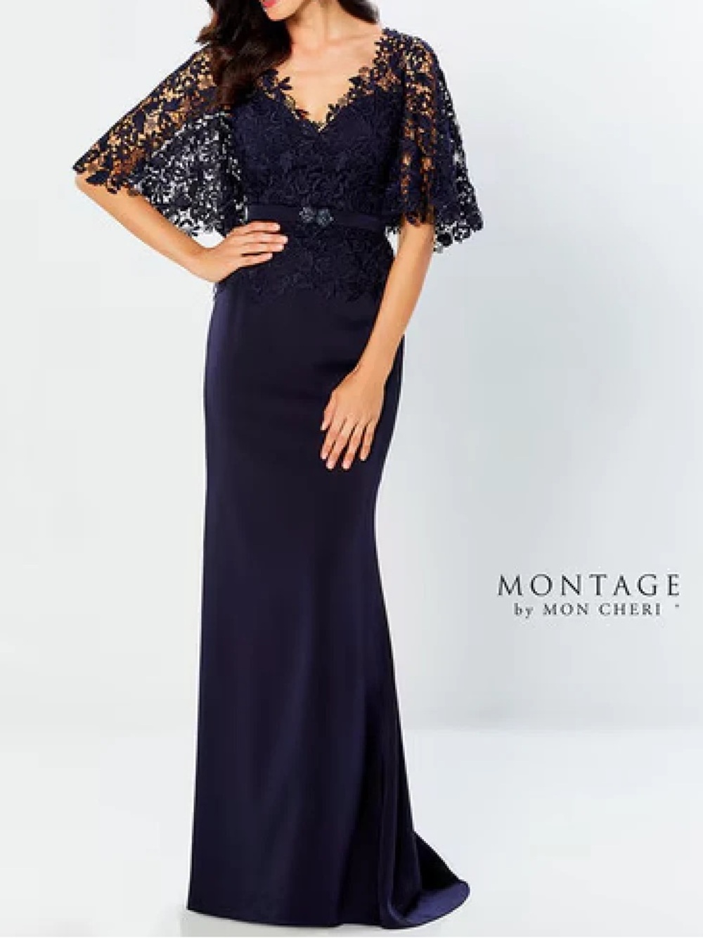 Montage by Mon Cheri Navy Lace Cape Maxi Gown